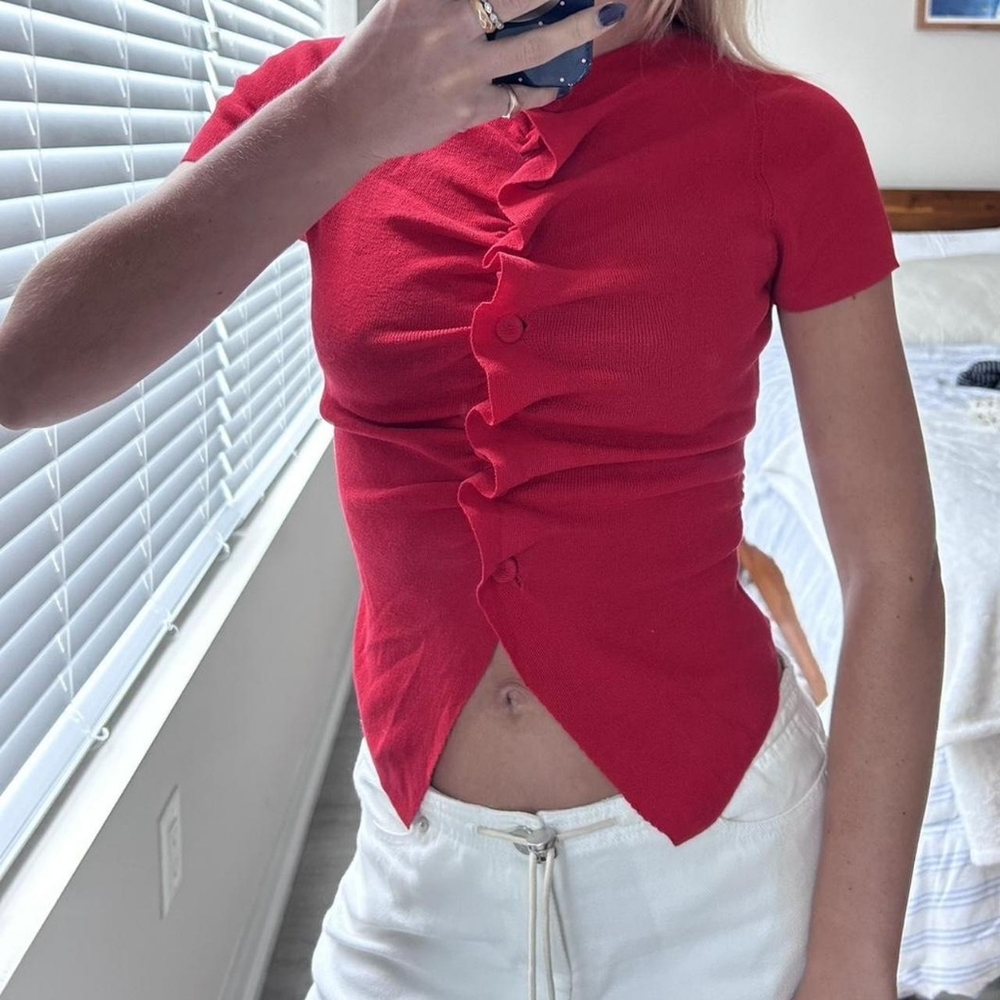 Zara Red Ruffle-Front Crop Top - Picture 2 of 4